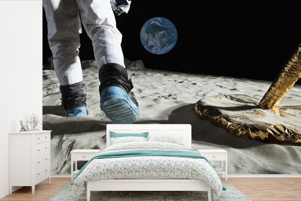 MuchoWow Fototapete für Wohnzimmer oder Schlafzimmer Wandtapete Vinyl Motivtapete Weltraum - Mond - Astronaut - 390x260 cm - Papiertapete