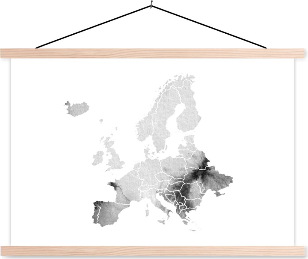 MuchoWow Textilposter Europa-Karte in hellgrauer Aquarellfarbe - schwarz und weiß 60x40 cm mit holzfarbenen Rahmen - Bilder