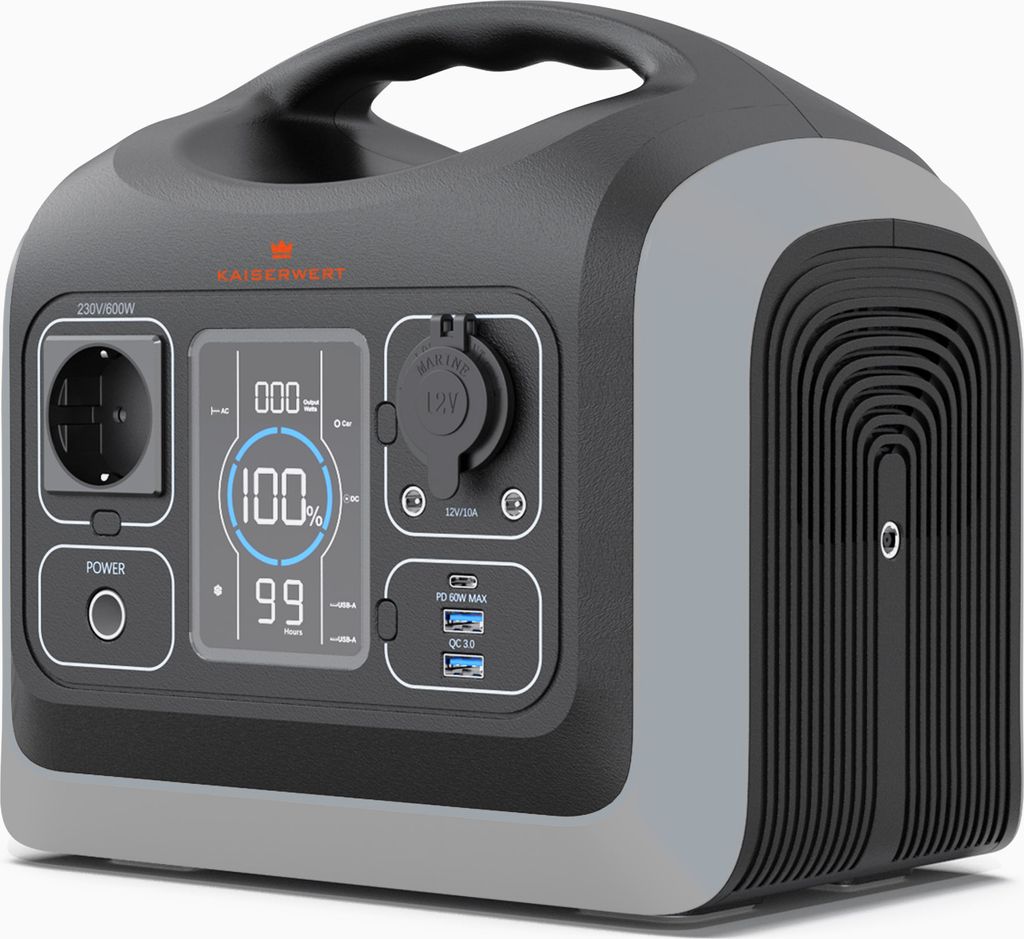KAISERWERT Power Station 600W, tragbarer Stromgenerator mit LiFePO4 Batterien, 600W (595,20Wh), LED-Licht für Camping & Stromausfälle.