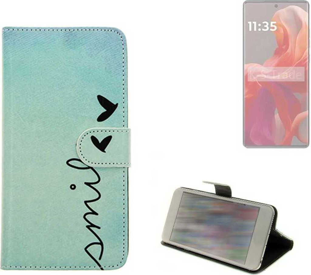 K-S-Trade Schutz Hülle Handy Hülle kompatibel mit Motorola Moto S50 Neo Hülle Handyhülle cover bookstyle Etui Handyhülle “smile“ türkis