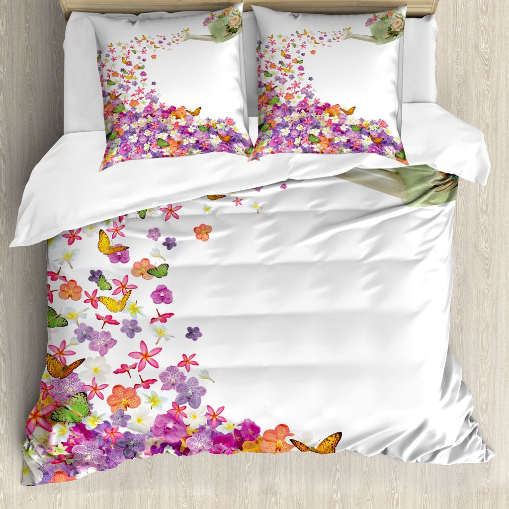ABAKUHAUS Blumen Bettbezug, Blumen Gießkanne, Milbensicher Allergiker geeignet mit Kissenbezügen, 155 cm x 220 cm - 80 x 80 cm, Mehrfarbig