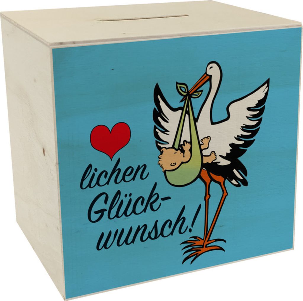 Storch und Kind Spardose aus Holz zur Geburt mit niedlichem Motiv in Blau