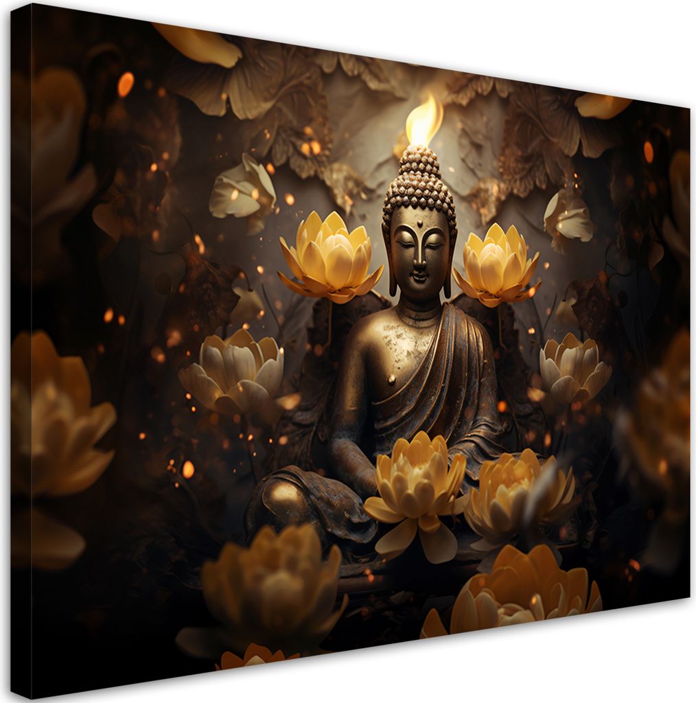 Leinwandbild Goldener Buddha und Lotusblumen 120x80 Feeby Gold bild für die wand bereit zum aufhängen