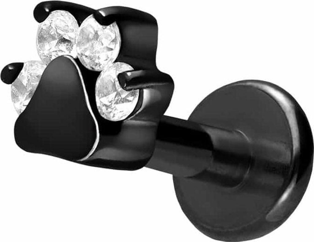 Ohrpiercing, Nasenpiercing Titan Labret mit Innengewinde KRISTALLPFOTE Schwarz Stablänge: 6mm | Stabstärke: 1,6mm