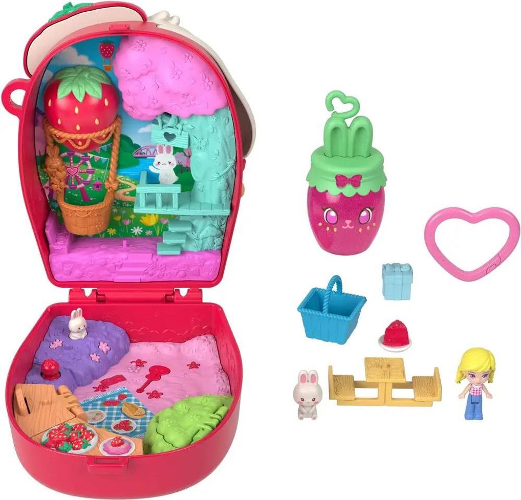 Polly Pocket Picknick-Häschen-Schatulle, Spielset mit 1 Mikropuppe und Haustier, Spielzeug für unterwegs mit Obst-Zubehörteilen, Tier, 4 Jahr(e)...
