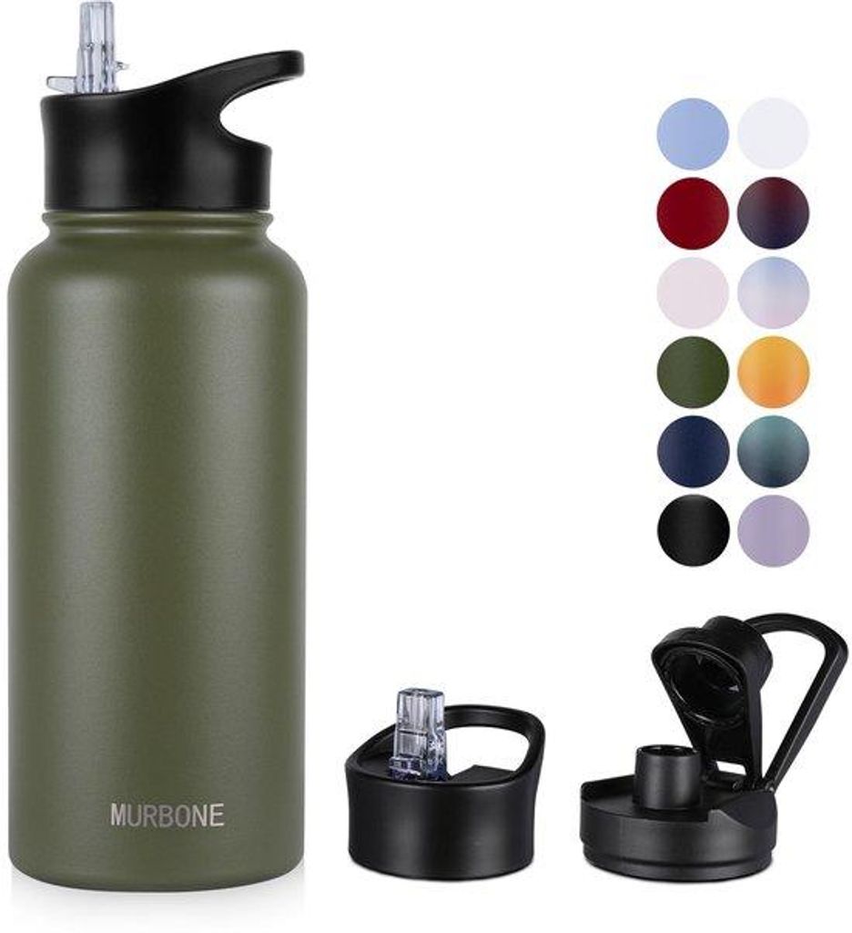 Edelstahl-Trinkflasche 1L, BPA-frei, mit Riet, vakuum-isoliert, für Sport