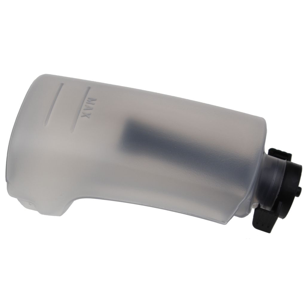A translucent white water tank with a black connector on a white background.