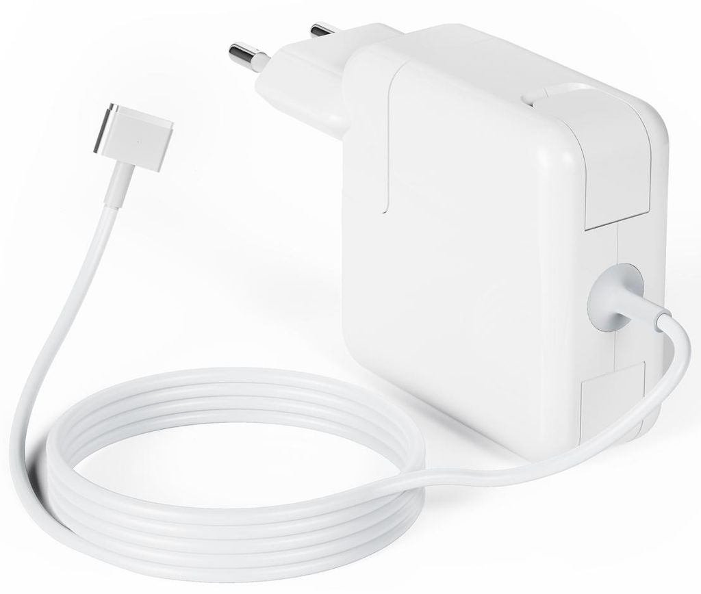A white Apple Macbook charger with its cable coiled next to it, on a white background.