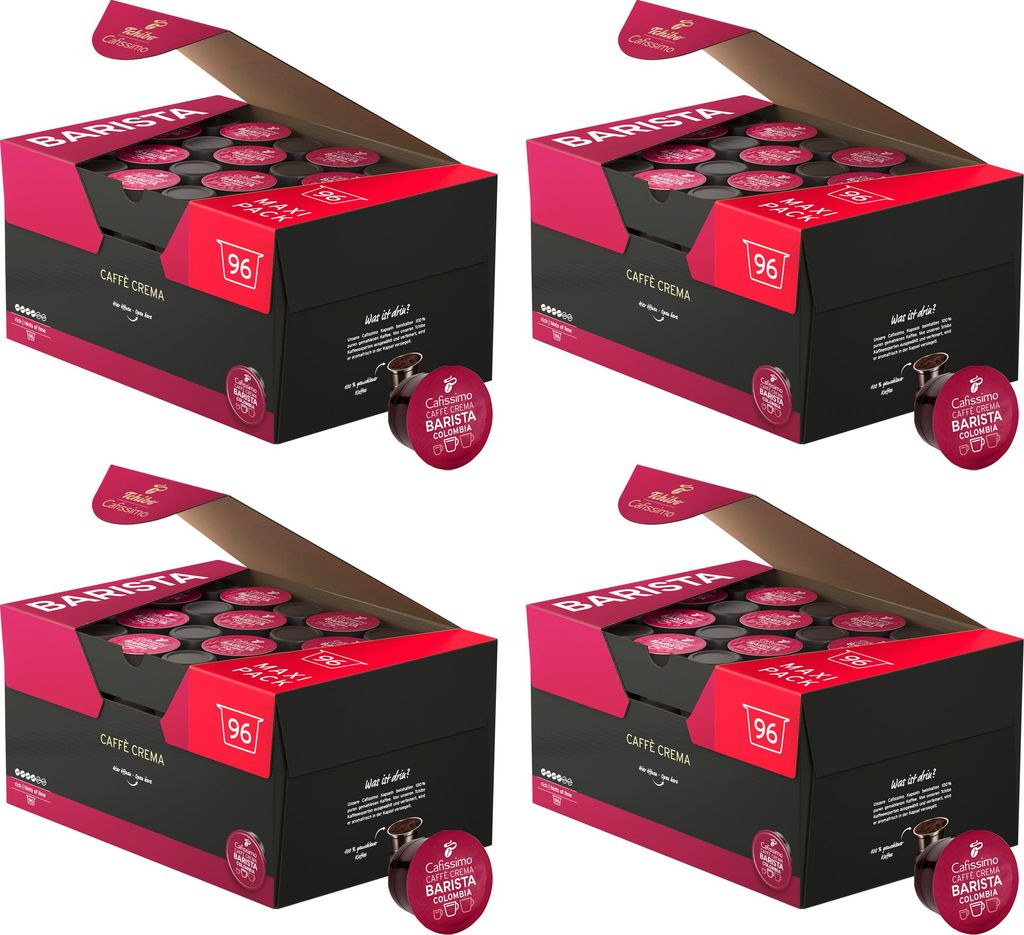 Tchibo Cafissimo Vorratsbox Caffè Crema Colombia Kaffeekapseln, 384 Stück – 4x 96 Kapseln (Kaffee, ausdrucksstark mit Hauch von Limette), nachh...