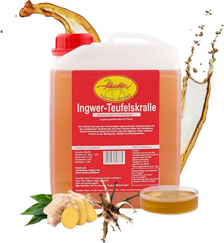 Scheidler horse-direkt Ingwer-Teufelskralle Liquid, Bewegungs-Liquid für Pferde und Ponys Naturprodukt im 2,5 Liter Kanister