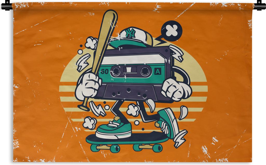 MuchoWow Wandteppich Wandbehang Kassette - Skateboard - Vintage 150x100 cm Tapisserie Dekoration Wandtuch - Waschbar - Tapisserien - Wand-Decke