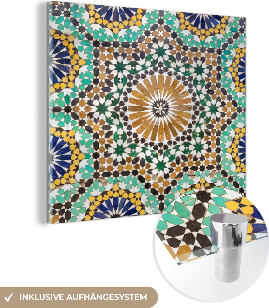 MuchoWow Glasbilder - Bilder auf Wandbild - Foto auf Glas Eine Nahaufnahme eines marokkanischen Mosaiks 90x90 cm Wanddekoration aus Glas - Acrylgla...