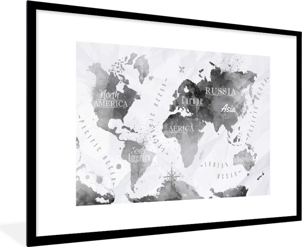 MuchoWow MuchoWow Gerahmtes Poster Weltkarte - Schwarz - Ölfarbe 90x60 cm - Poster mit zchwarzem Bilderrahmen - Wanddekoration - Fotos