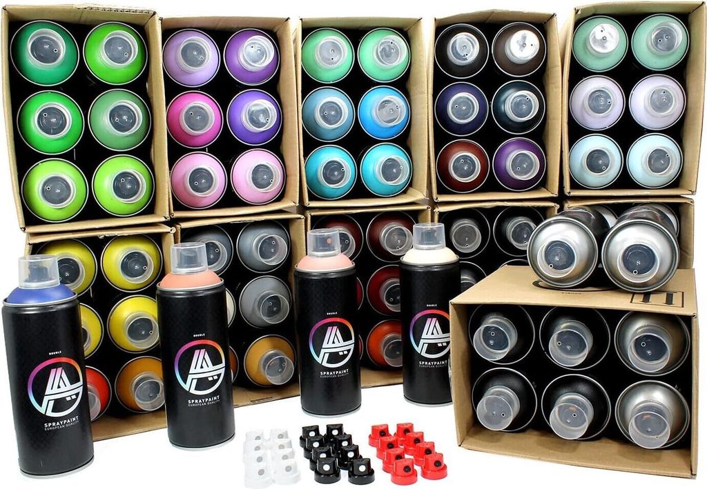 Double A Spraypaint Sprühdosen Set Multicolor 72 Spraydosen 400ml matt inkl. Sprühaufsätze