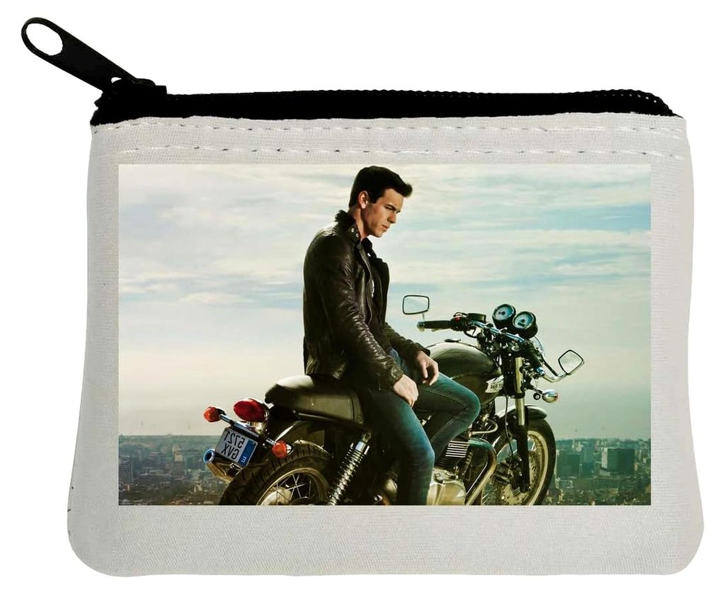 Geldbörse aus Neopren, Motiv: Motorrad und Mann, 10 x 11 cm, Weiß