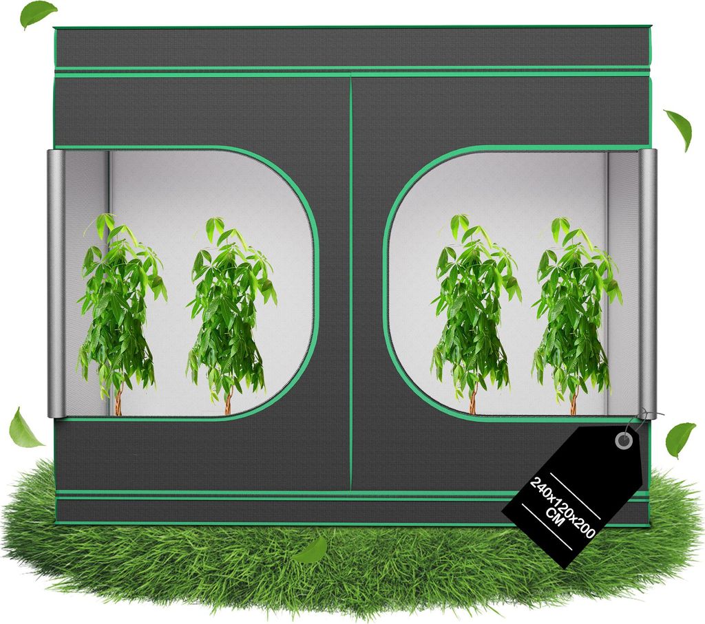 A grow tent with plants inside, set on a patch of grass.
