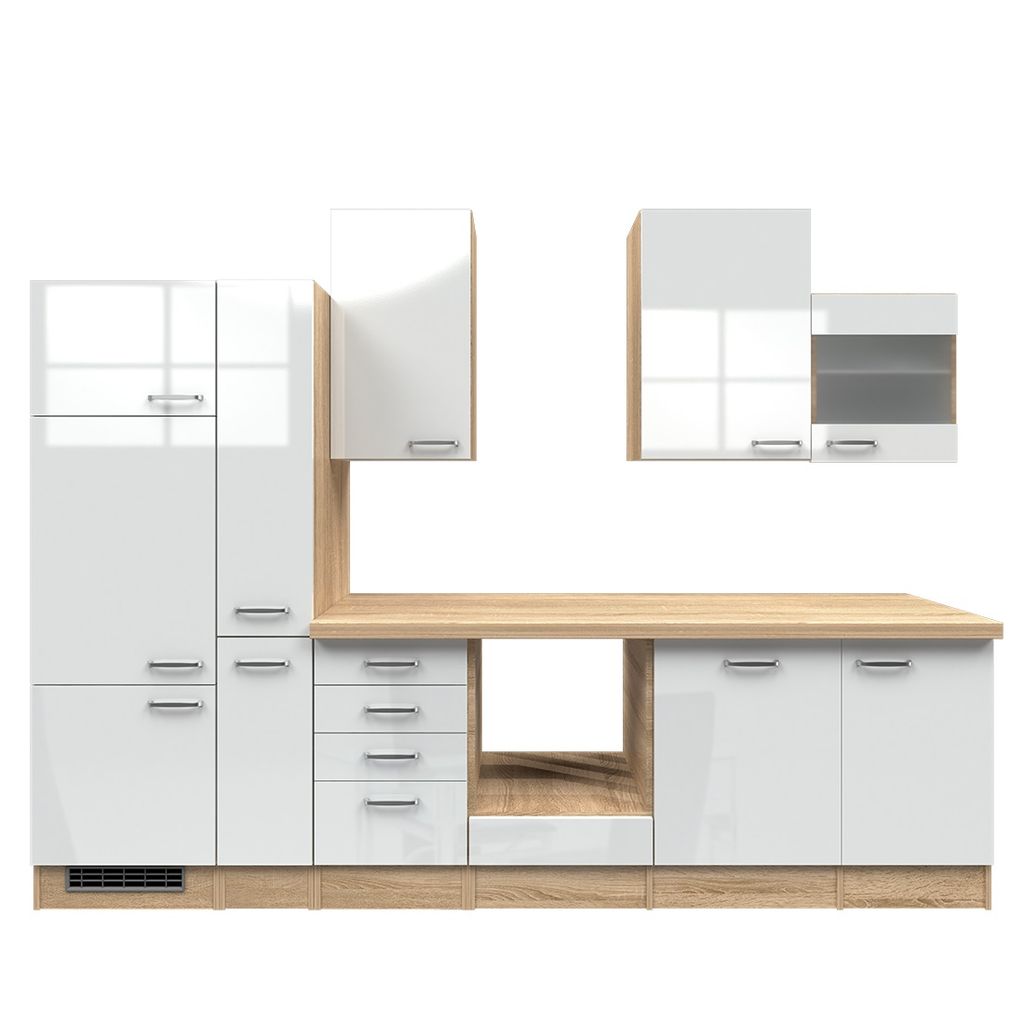 Küchenzeile ohne E-Geräte - 310 cm breit - Hochglanz Weiß Sonoma Eiche – Valencia