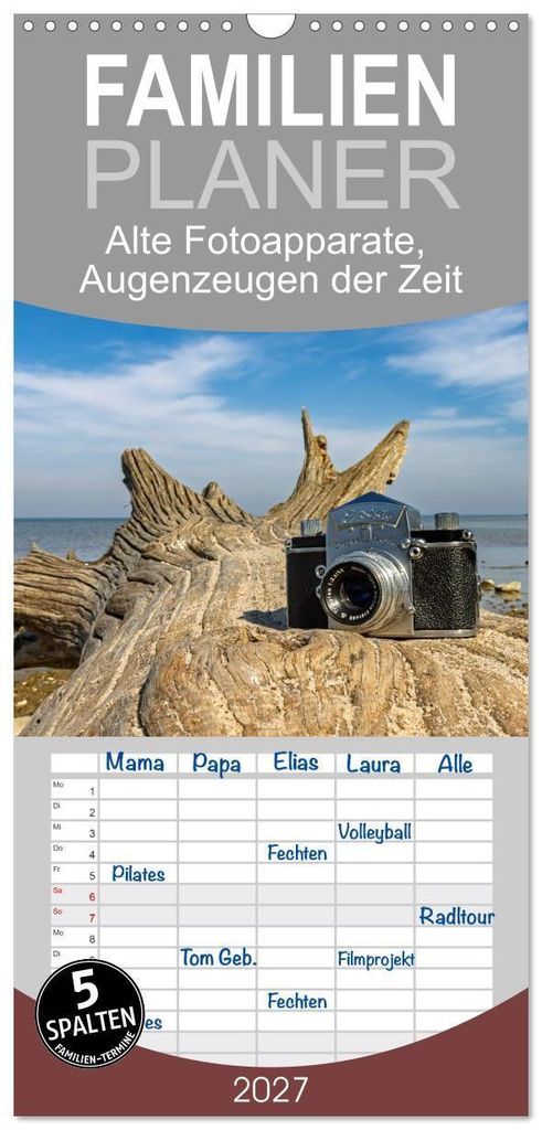 Familienplaner 2027 - Alte Fotoapparate, Augenzeugen der Zeit mit 5 Spalten (Wandkalender, 21 x 45 cm) CALVENDO