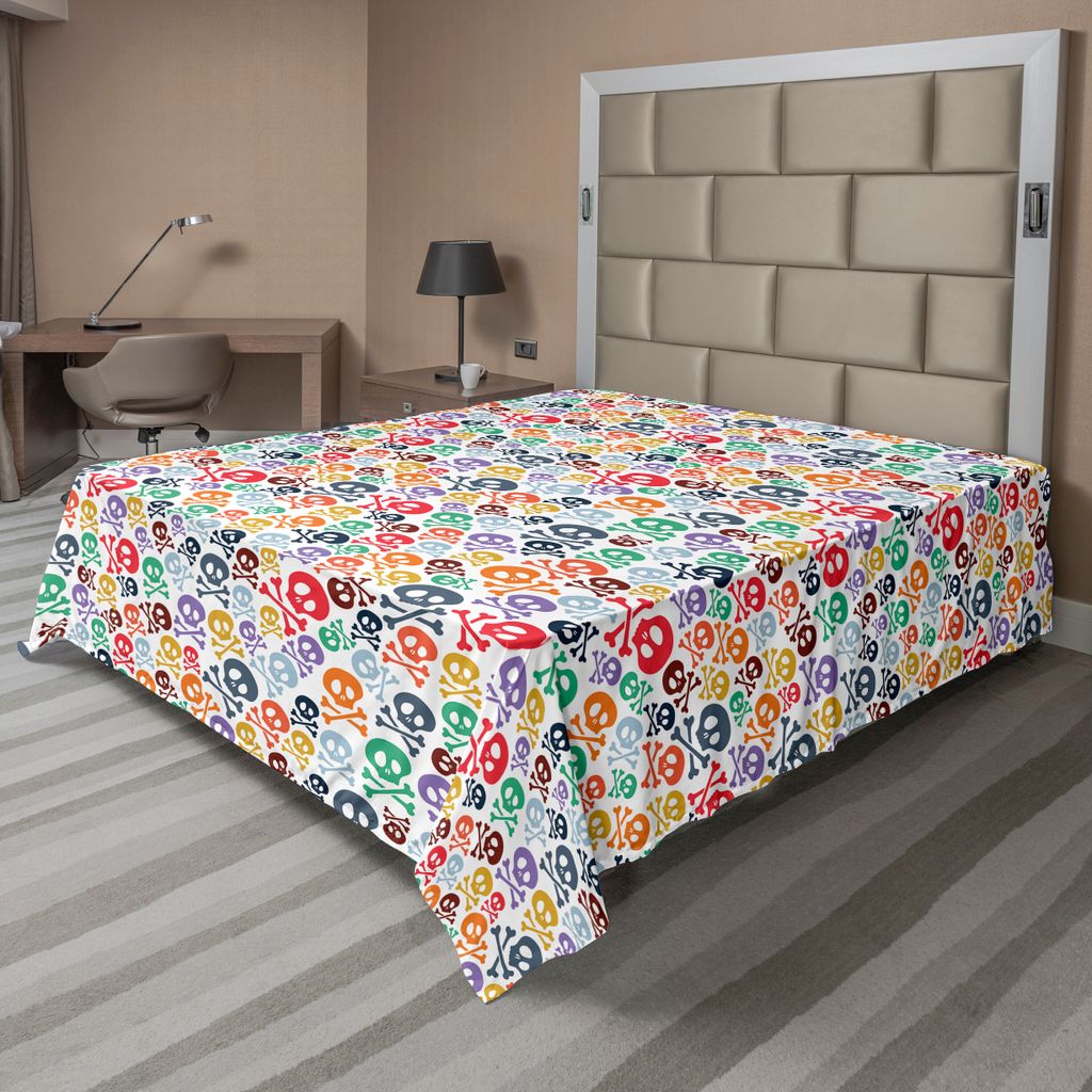 ABAKUHAUS Schädel Bettlaken, Halloween Themad bunte Schädel gekreuzte Knochen Funny Cartoon Style Pattern Druck, weiches bequemes oberes Bettlake...