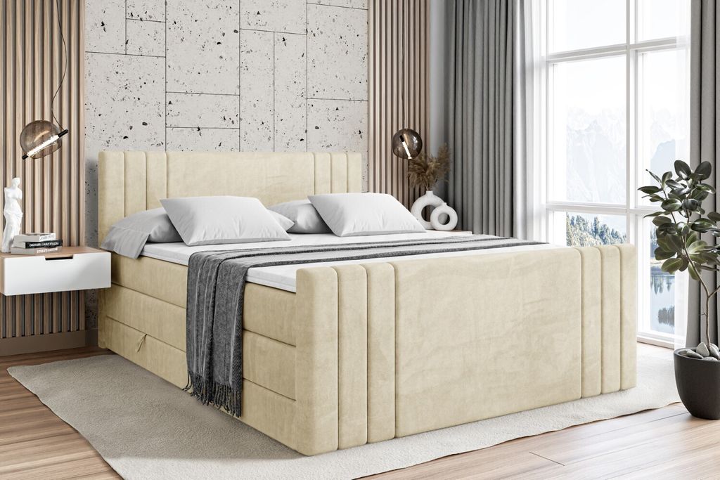 ALTDECOR Boxspringbett mit Fußteil, 2 Matratzen und Topper - 160x200 cm - IDRIKO-Z KING - Beige Samt - Polsterbett mit, H3- und H4- Matratzen, Bet...