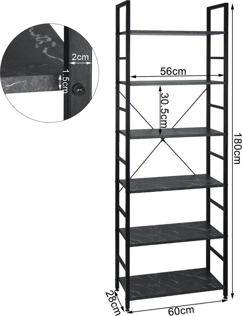 Bolt Edge Bücherregale – Industrielles Design – 6 Ebenen – Weiß/Gold – Marmor-Optik – Bücherregal für Wohnzimmer, Schlafzimmer und Ki...