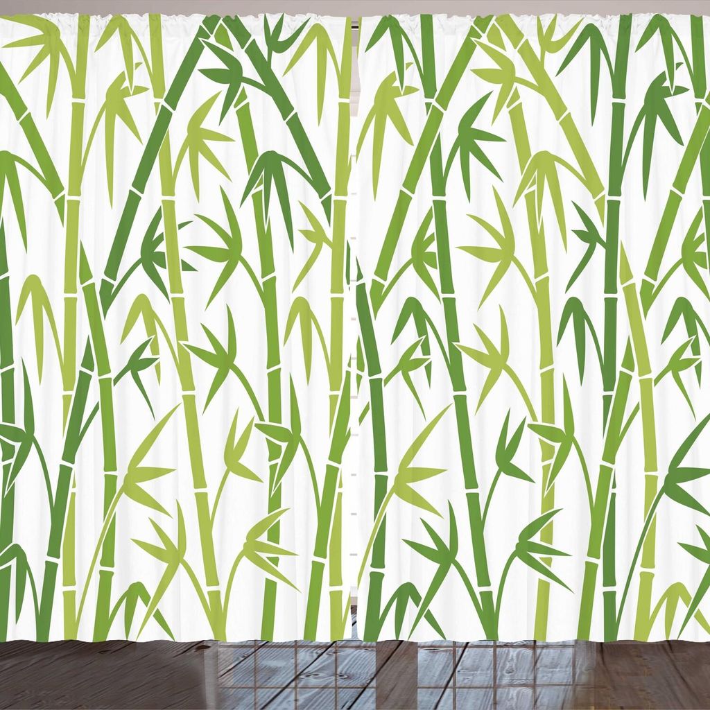 ARANDE Asian Blätter Gardine, Cartoon-Stil Bambus-Sticks Muster in der Natur Farben Blätter Osten, 280 x 225 cm, Grün und Hellgrün