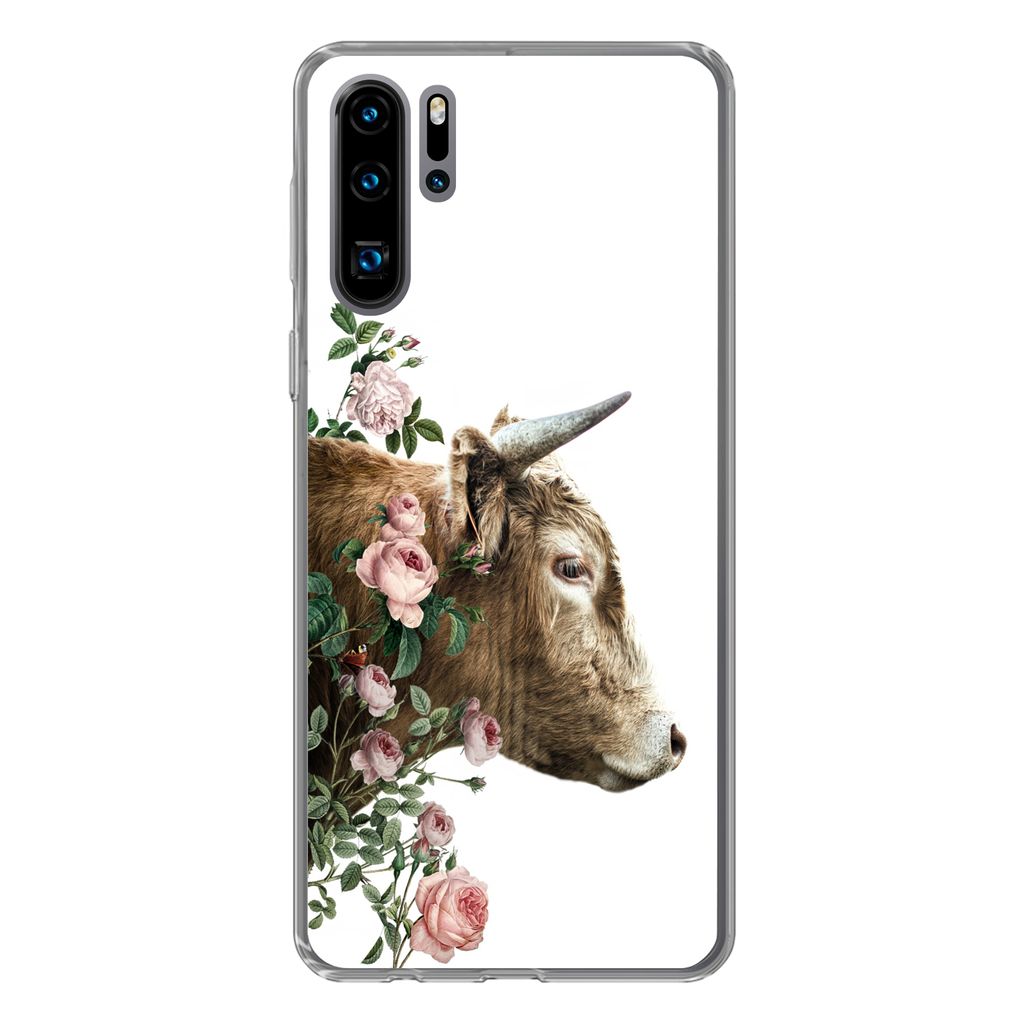MuchoWow Handyhülle Schutzhülle Hülle für Huawei P30 Pro Schottischer Highlander - Kuh - Blumen Silikon Softcase Handy Hülle - Schutzdeckel