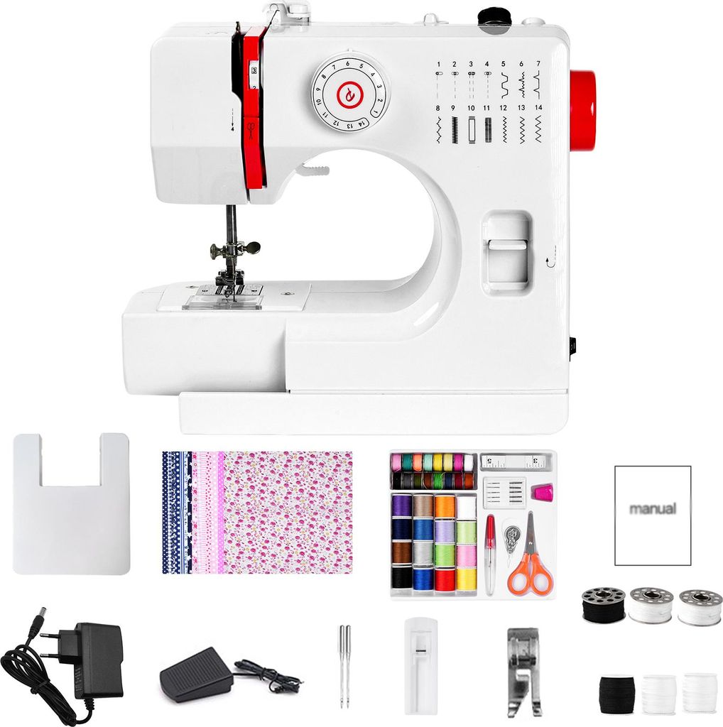 728 Mini Elektrische Nähmaschine mit 14 Stichen, Verlängerungstisch und Nähzubehör – Baumwollstoff, EU-Stecker