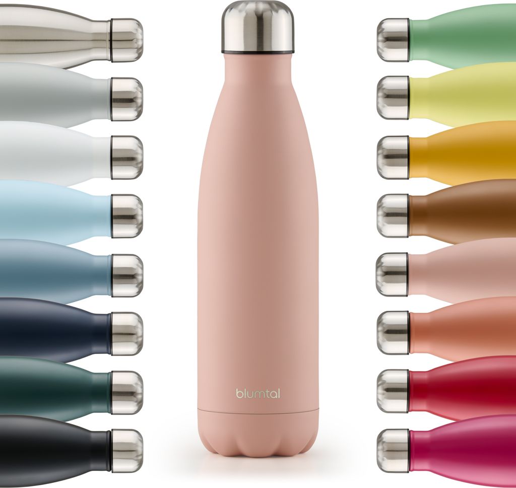 A collection of Blumtal insulated stainless steel water bottles in various colors, displayed side-by-side and in a row.