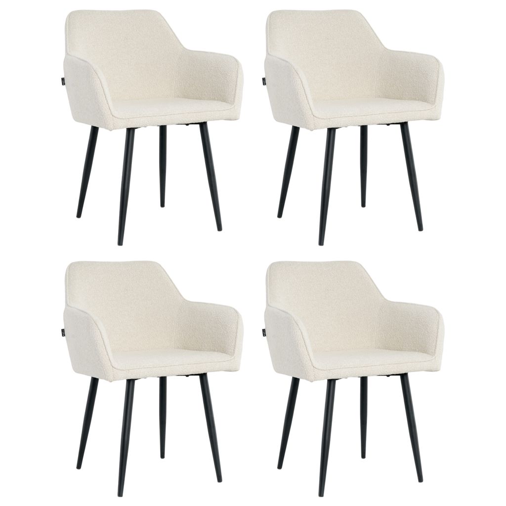 Lina Diamond Esszimmerstühle 4er Set Bouclé Creme mit Armlehnen – Stilvoll für Esszimmer, Büro und Küche mit schwarzen Metallbeinen