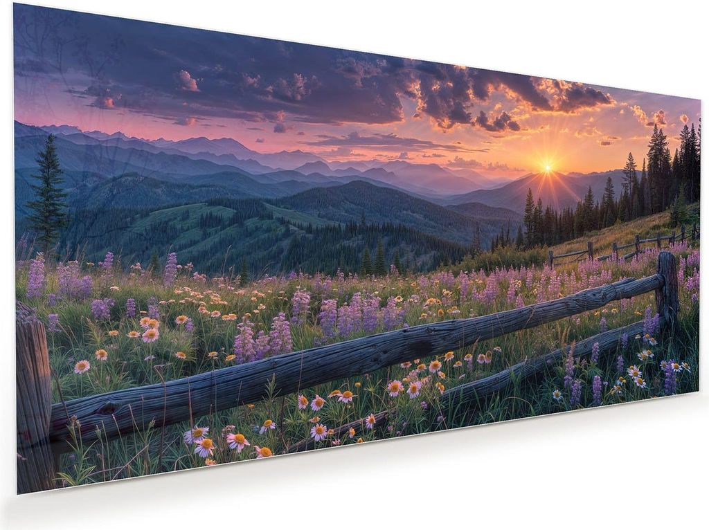 Glasbild 110x55cm in XXL für Wohnzimmer, Schlafzimmer Motiv Sonnenuntergang Wiese