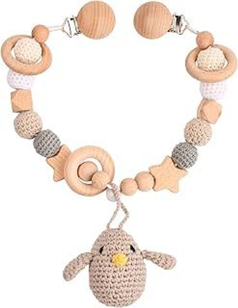 Kinderwagenkette aus Holz und Häkeln Niedliche Tierform Kinderwagenspielzeug mit Glocke für Baby Mädchen Junge