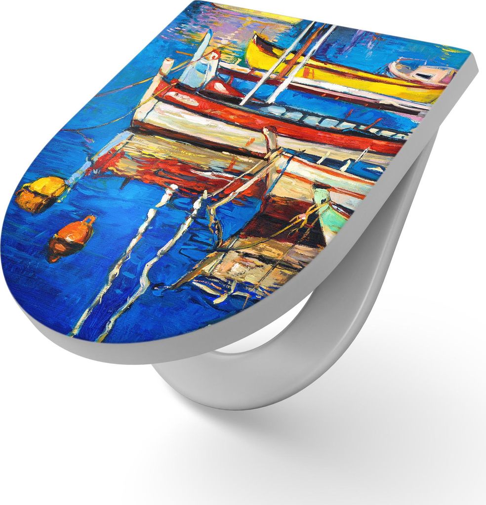 DEQORI WC-Sitz Duroplast 36,4x45,4 cm 'Farbenfroher Hafen' Toilettensitz WC-Brille Design