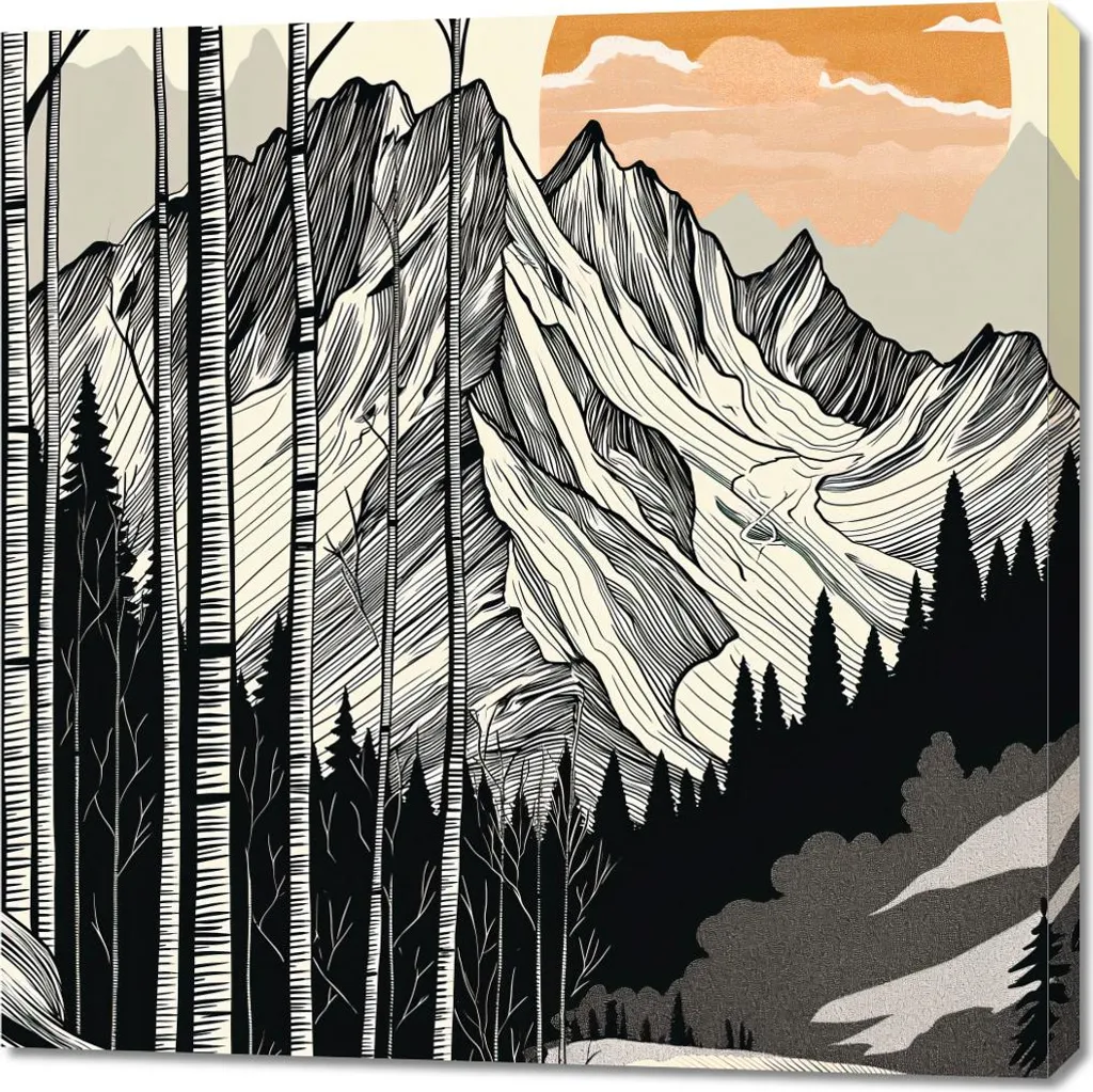 Gravure sur bois montagne 90x90 cm, tableau chalet tyrolien réf 409