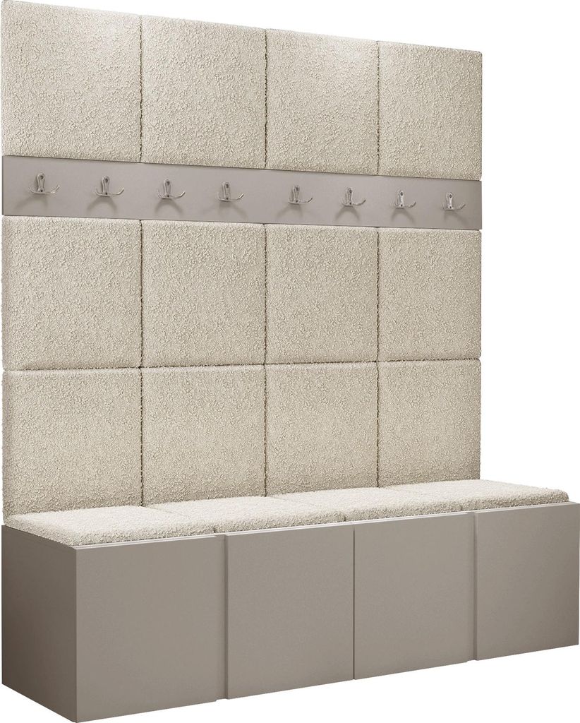 MIRJAN24 Garderoben-Set Orion V, Garderobe mit Sitzbank mit 16 x Wandpanel 42x42 (Farbe: Cashmere, Abriamo 3)
