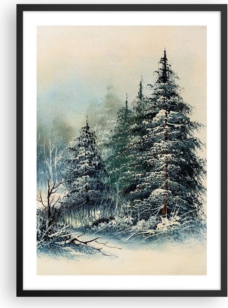 Gerahmtes Poster - Schwarzer Rahmen - Schnee Fichten Wald - Produktbild 