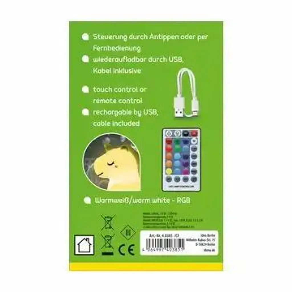 Idena Veilleuse LED Licorne Blanche 14 cm avec Télécommande et USB