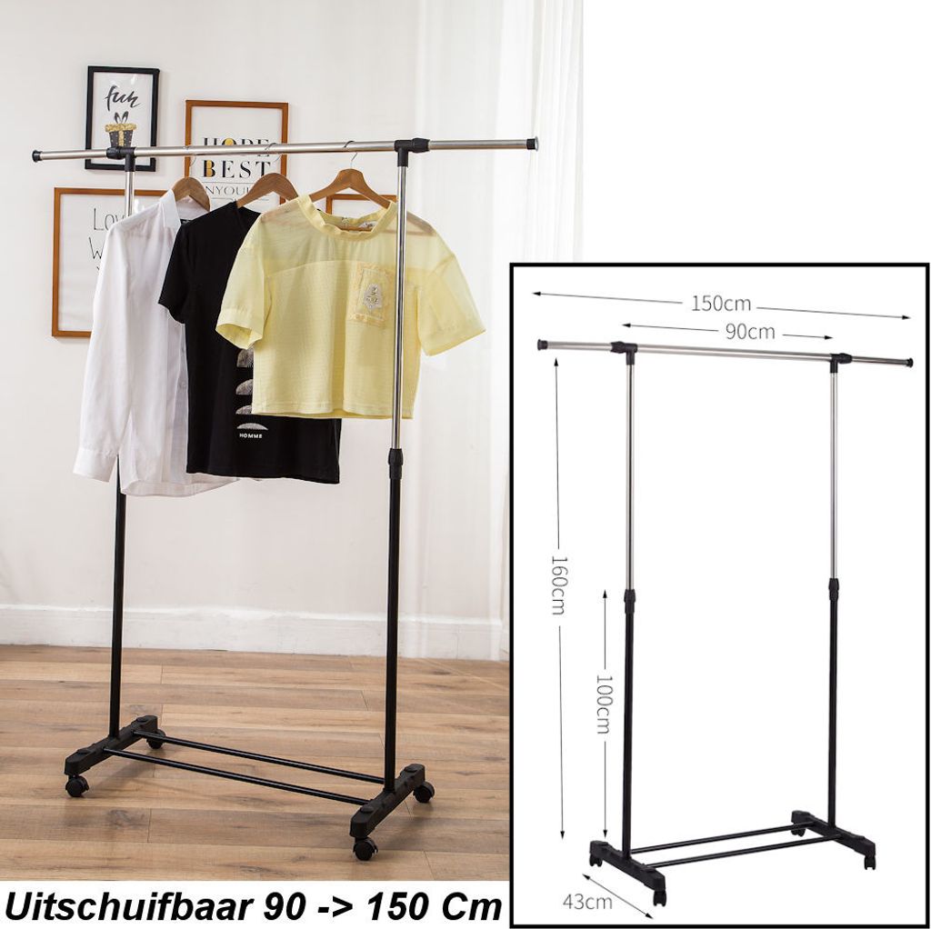 Mobiler Kleiderständer auf Rädern - 1 ausziehbare Kleiderstange von 90 -> 150 cm - Verstellbarer Kleiderständer - Höhenverstellbar 100 -> 160 c...