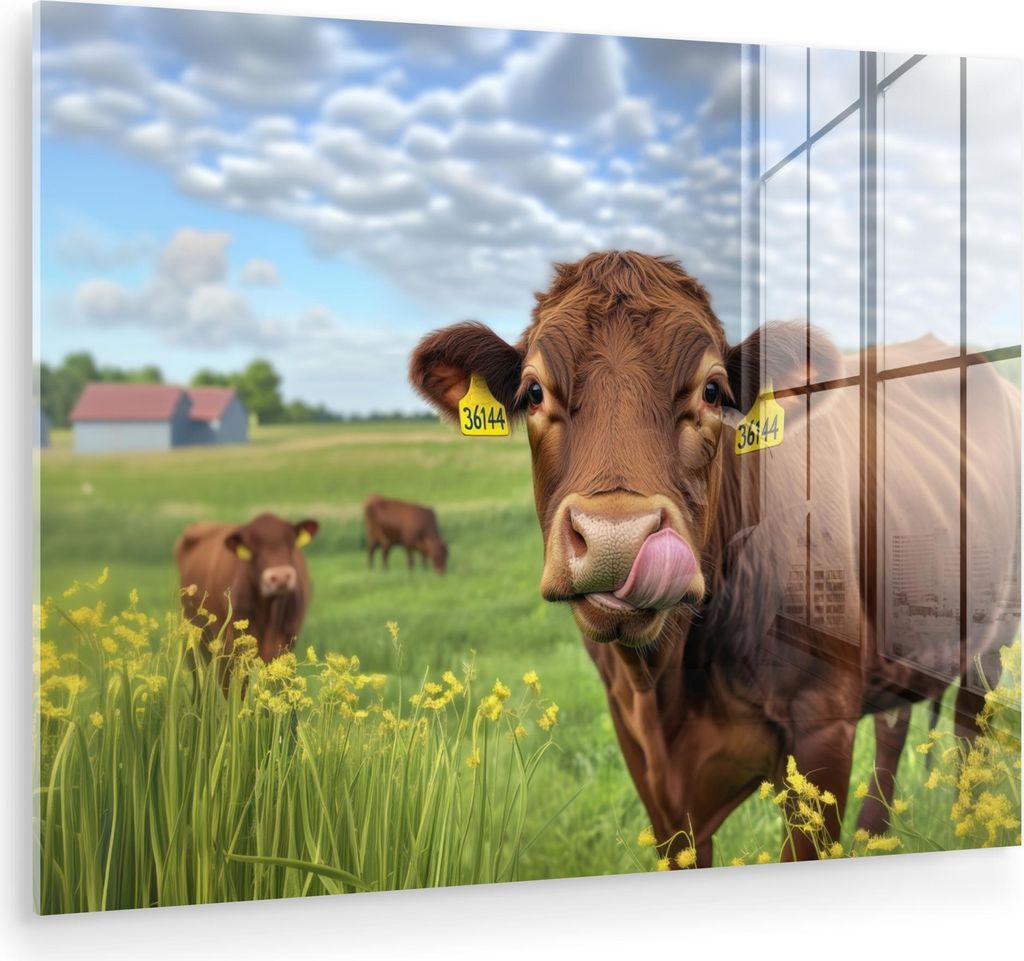 MuchoWow Glasbilder - Bilder auf Wandbild - Foto auf Glas Kuh - Wiese - Blumen 40x30 cm Wanddekoration aus Glas - Acrylglasbild - Acrylbilder - Bil...