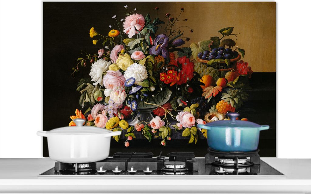 KitchenYeah Spritzschutz Küche - Küchenrückwand - Wandschutz für Herd und Spüle - Stilleben mit Blumen und Früchten - Kunstwerk - Alte Meis...