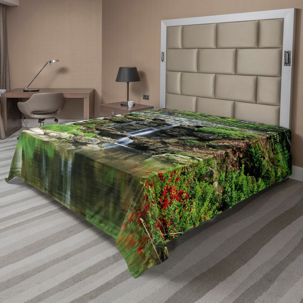 ABAKUHAUS japanisch Bettlaken, Wasserfall Und Teich Unter Brücken Reflexionen Von Blumen Im Wasser Muster, weiches bequemes oberes Bettlaken für ...