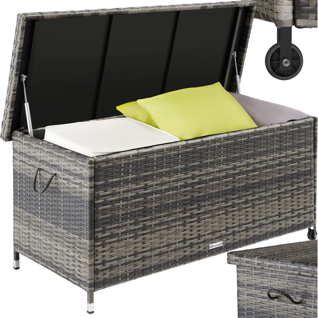 An open storage box with cushions inside, shown on a white background.