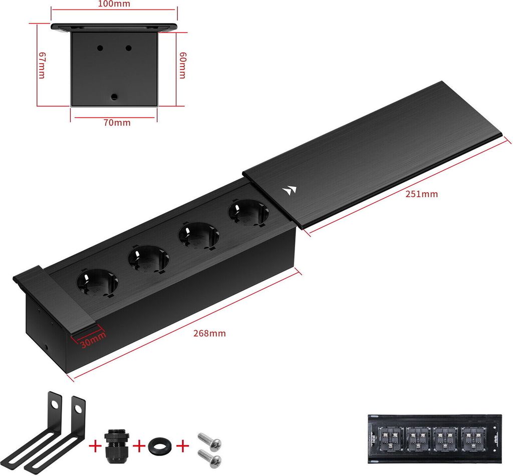 A black aluminum power strip with four outlets, shown with dimensions and included accessories.