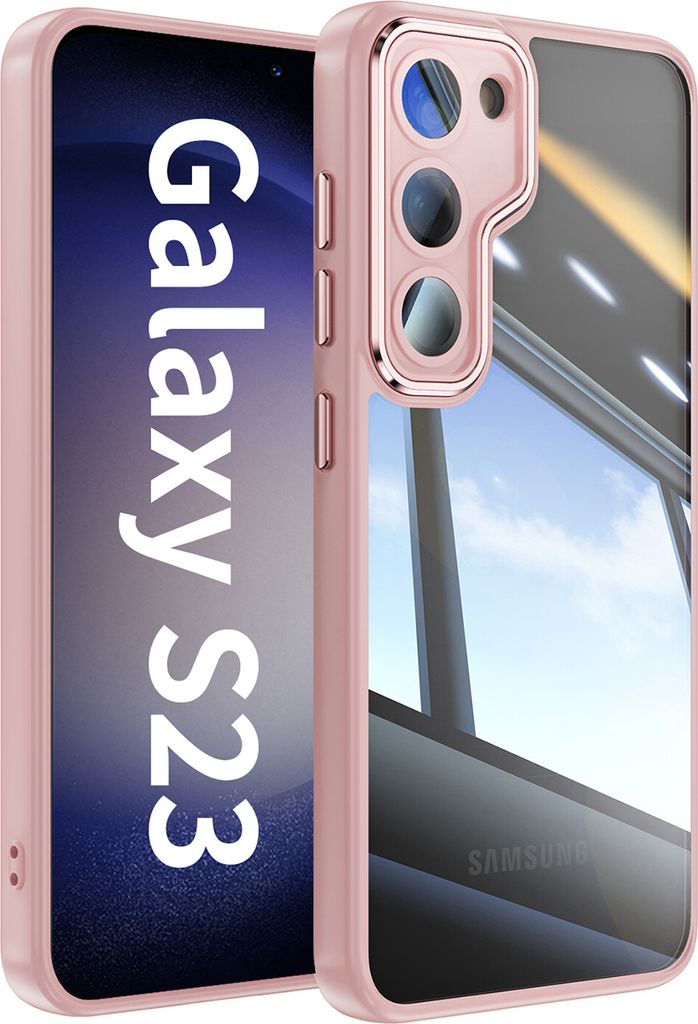 Handyhülle für Samsung Galaxy S23 Hybrid Transparent TPU PC Militärschutz mit Kameraabdeckung Pink