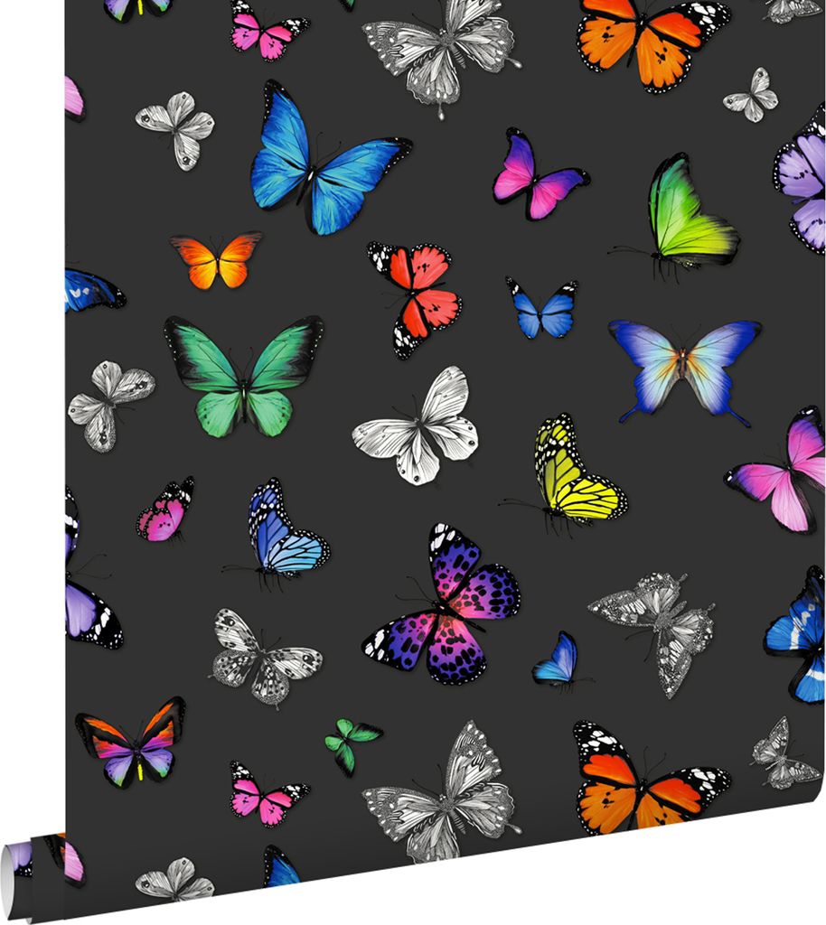 ESTAhome Tapete Schmetterlinge Multicolor auf Schwarz 53 cm x 10.05 m