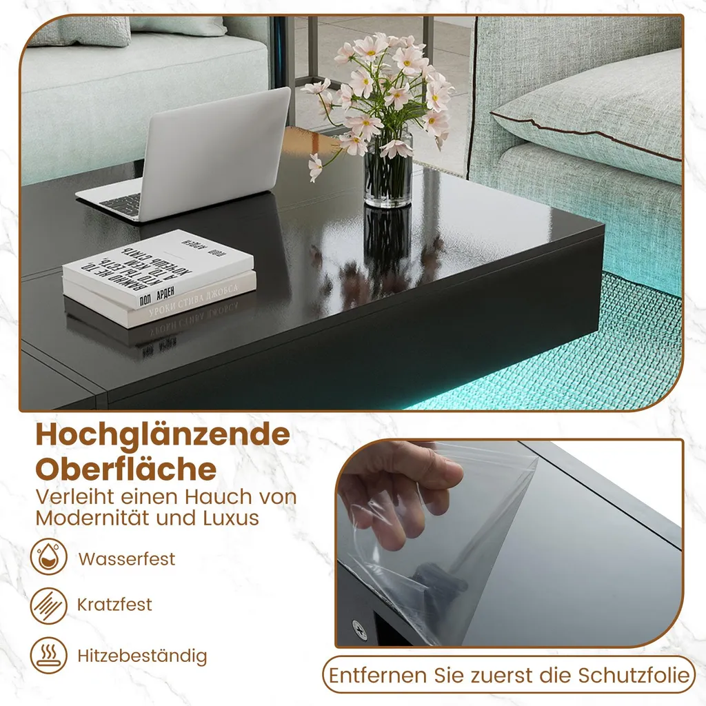 Table basse rectangulaire lumineuse LED à 3 tiroirs finition glossy - 6
