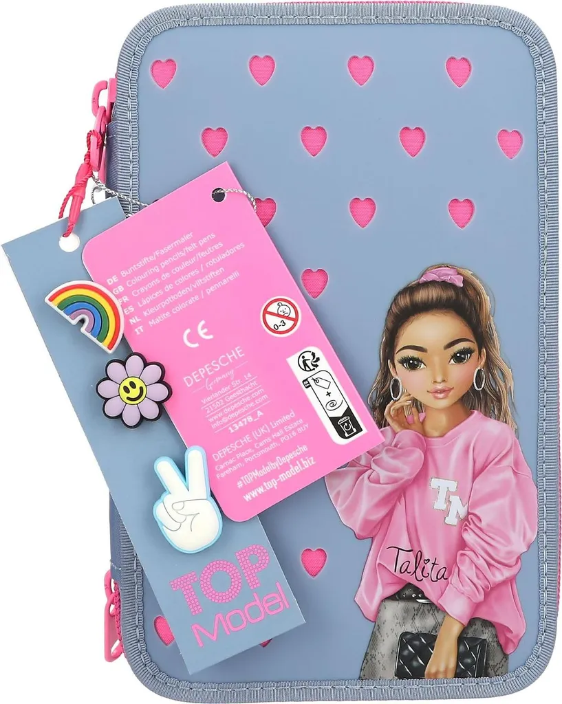 Trousse à crayons TOPModel 3 compartiments et décoration pins silicone