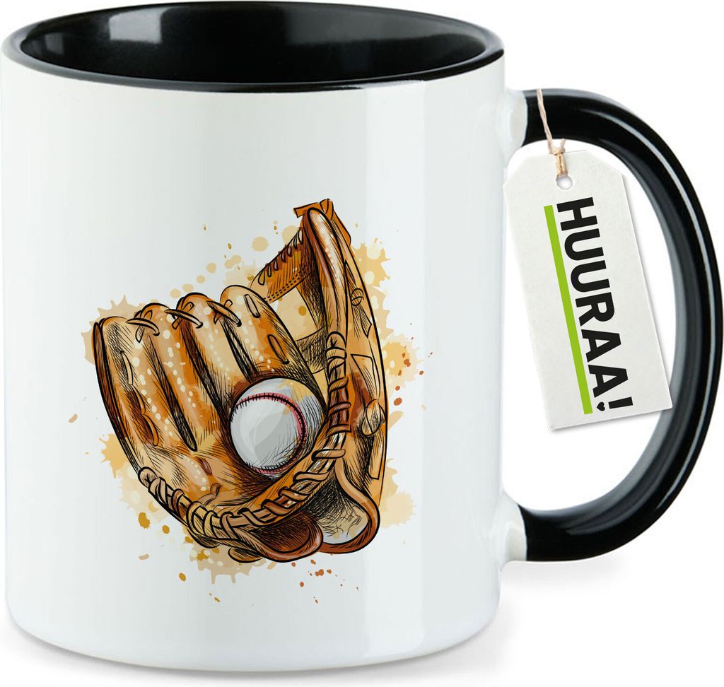 Huuraa Kaffeetasse Baseballhandschuh und Ball Spieler bunte Silhouette 330ml Schwarz Keramik Kaffeebecher Geschenkidee