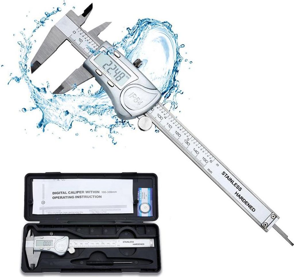 Intirilife Digitaler Messschieber in SILBER – 150mm / 6 Zoll IPX54 Wasserdichte Edelstahl Schieblehre Hochpräzises Profi-Messgerät mit LCD-Disp...