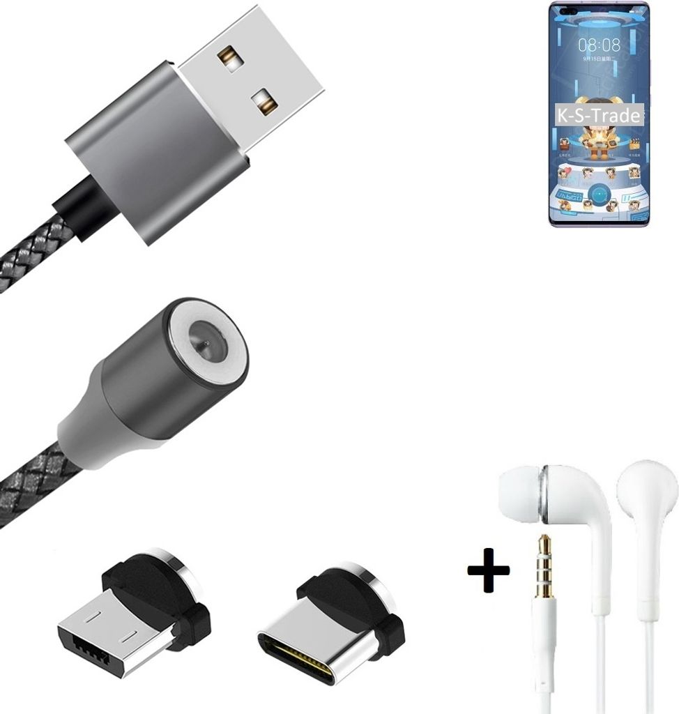 K-S-Trade Hochwertiges Magnet-Lade-kabel Sync-Kabel Daten-Kabel + Kopfhörer kompatibel mit HTC Wildfire E3 mit USB-Typ-C-Anschluss und